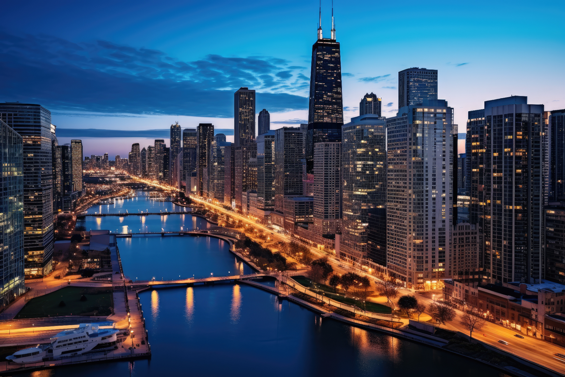 Chicago downtown skyline at dusk — the river bending past illuminated high-rises with the John Hancock tower anchoring the skyline